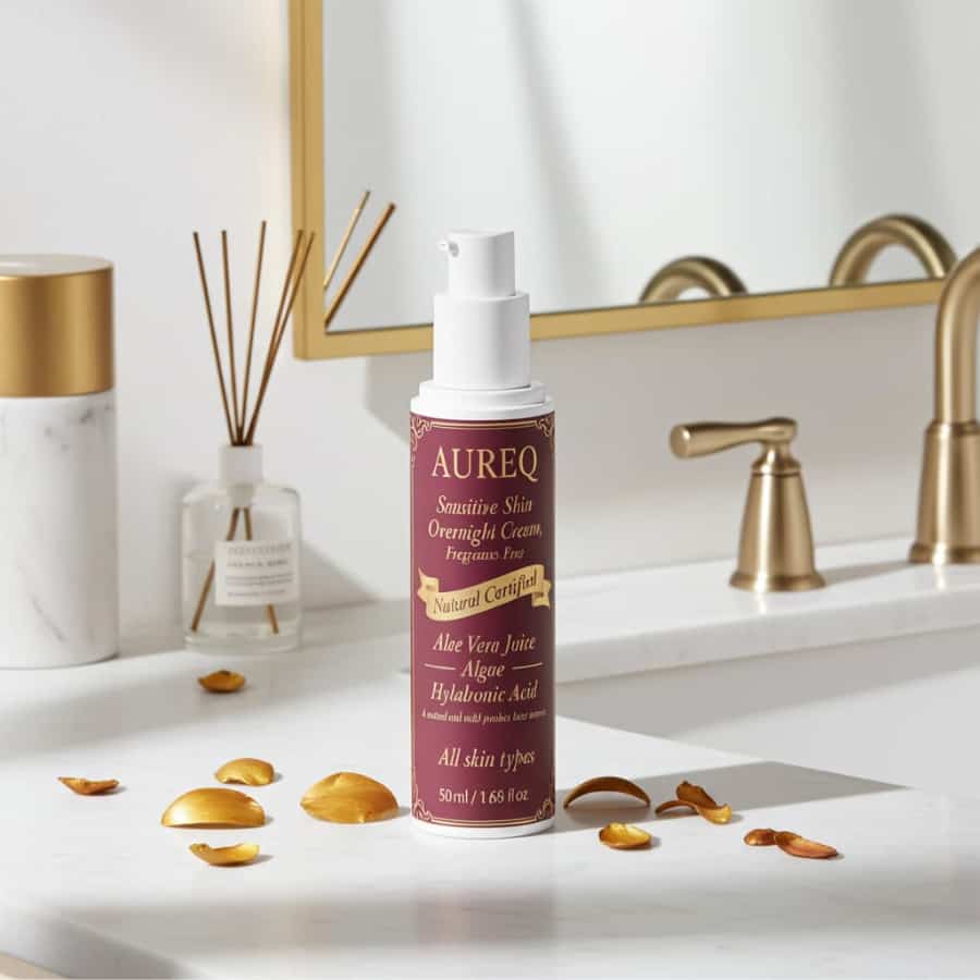Sensitive skin night cream AUREQ bottle on bathroom counter with gold accents natural certified calming treatment