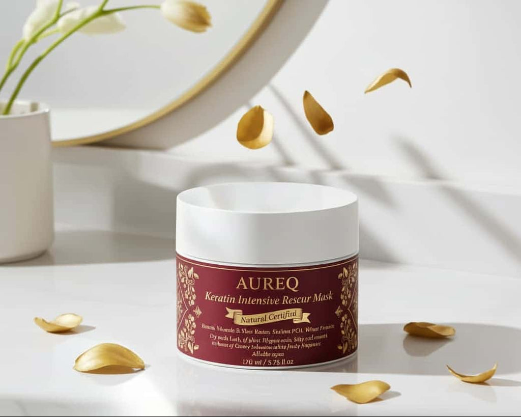 AUREQ Keratin Hair Mask - COSMOS Natural & ECOCERT certified, vegan intensive repair treatment with gold rose petals
