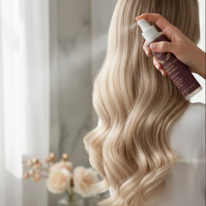 Leave in spray AUREQ Keratin formula on blonde hair with flowers lifestyle