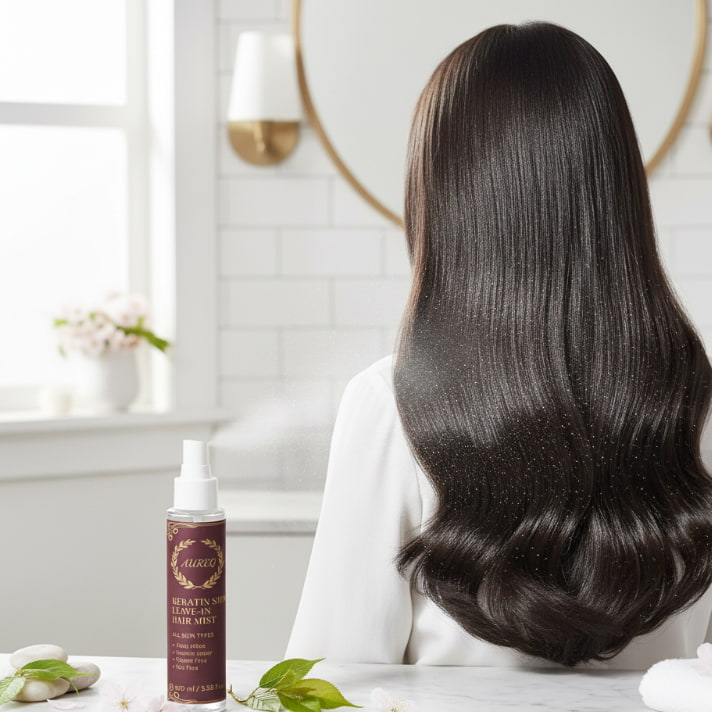 Person with long, straight hair sitting in a room with a bottle of hair product on a surface.