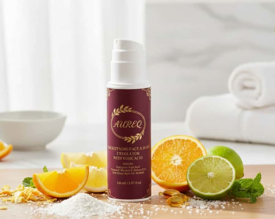 brightening face and body exfoliator with kojic acid and vitamin C bottle with citrus slices and mint on countertop