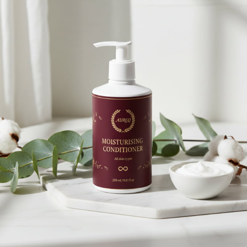 Moisturizing conditioner bottle on a marble surface with eucalyptus leaves and cotton flowers.
