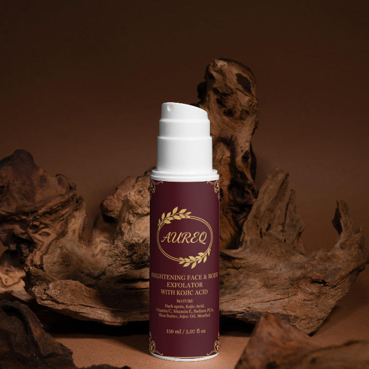 Aureq skincare product bottle with a brown background