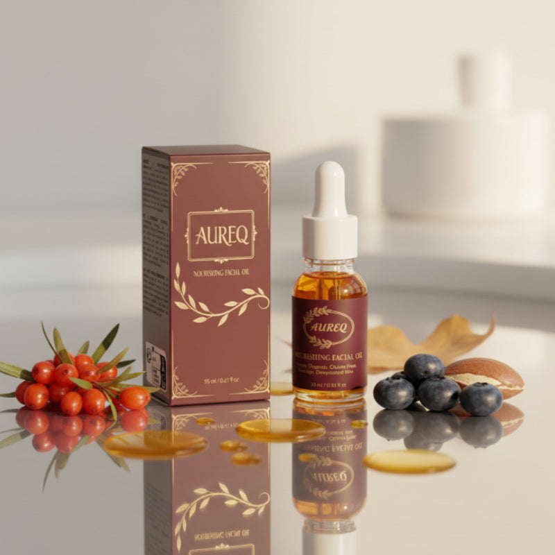 Aureq facial oil bottle and packaging with fruits on a reflective surface