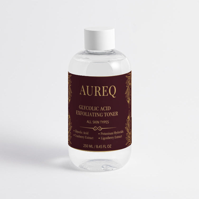Aureq glycolic acid exfoliating toner bottle on a white background