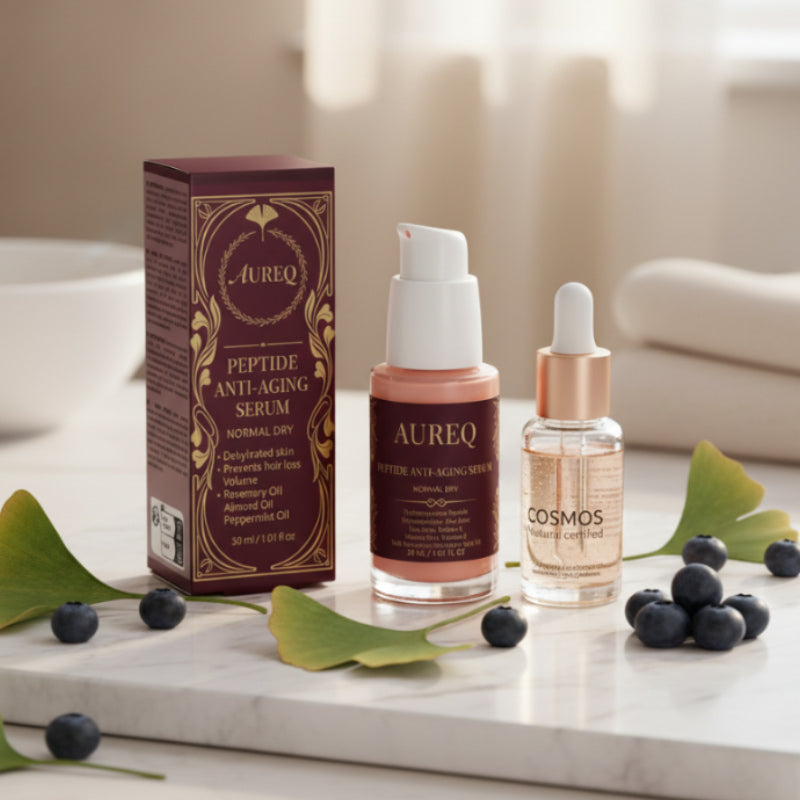 Aureq peptide anti-aging serum and Cosmos skincare product on a marble surface with leaves and berries.