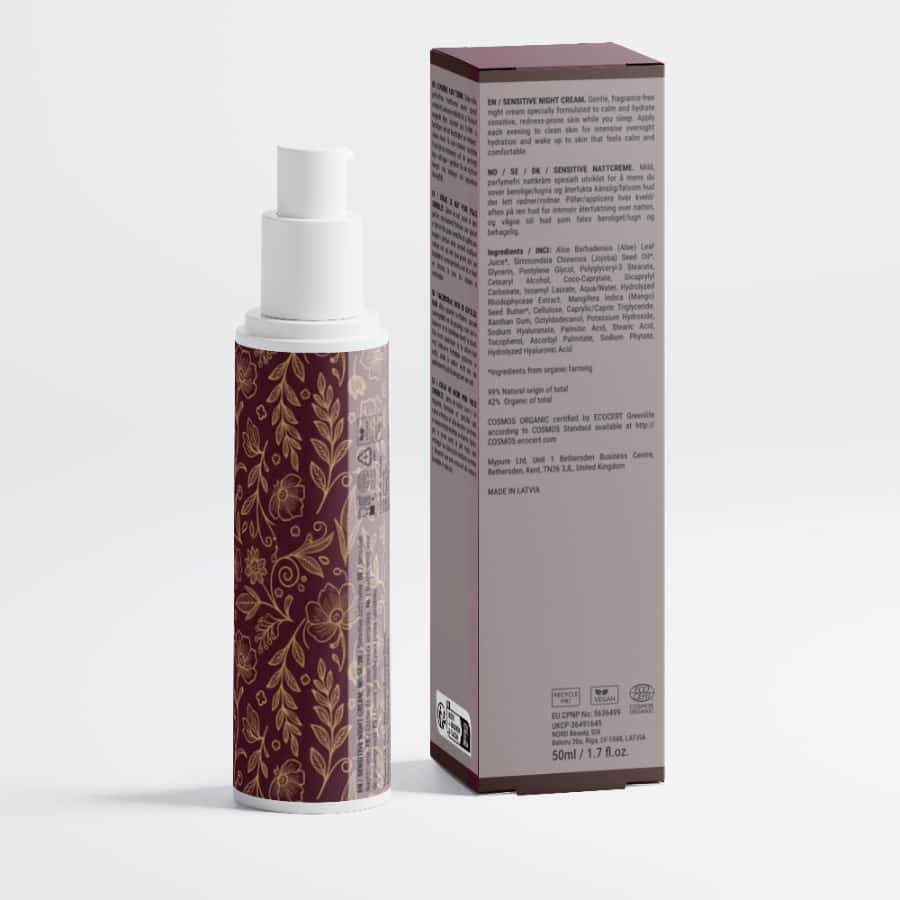 sensitive skin night cream AUREQ fragrance-free moisturizer 50ml bottle and box, hypoallergenic aloe vera and hyaluronic acid