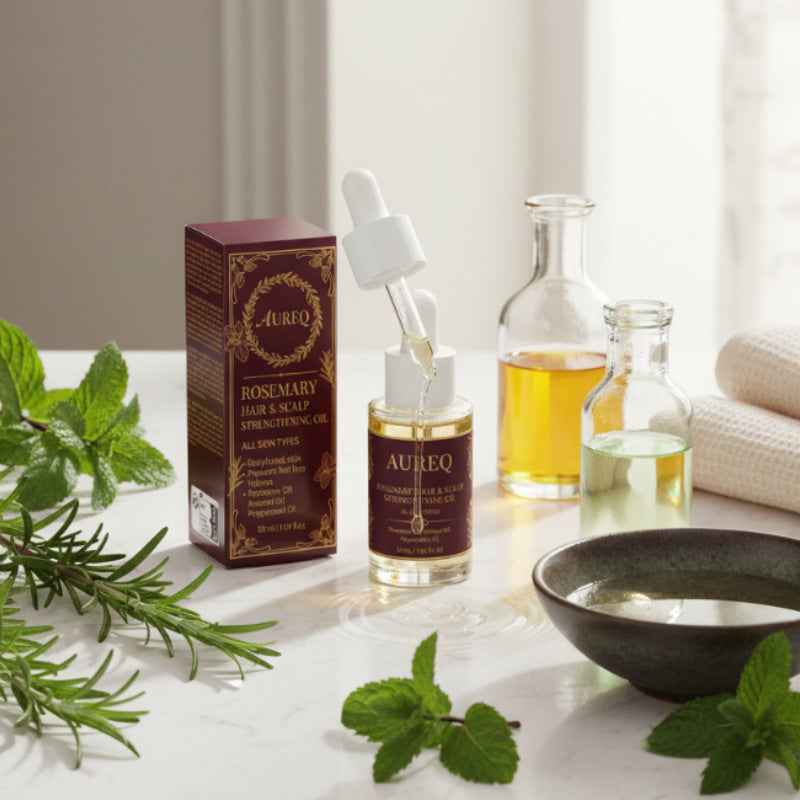 Aureq hair and scalp care products on a table with rosemary leaves.