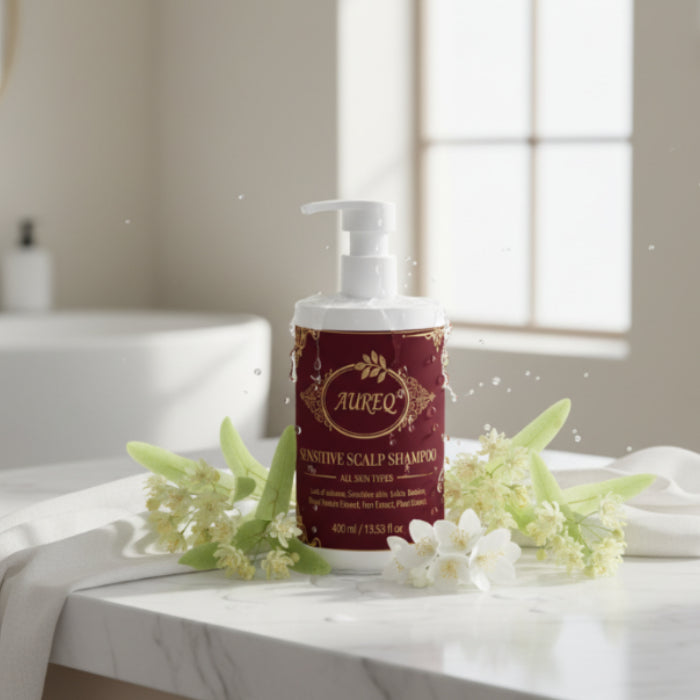 Aureq shampoo bottle on a marble surface with flowers and a neutral background