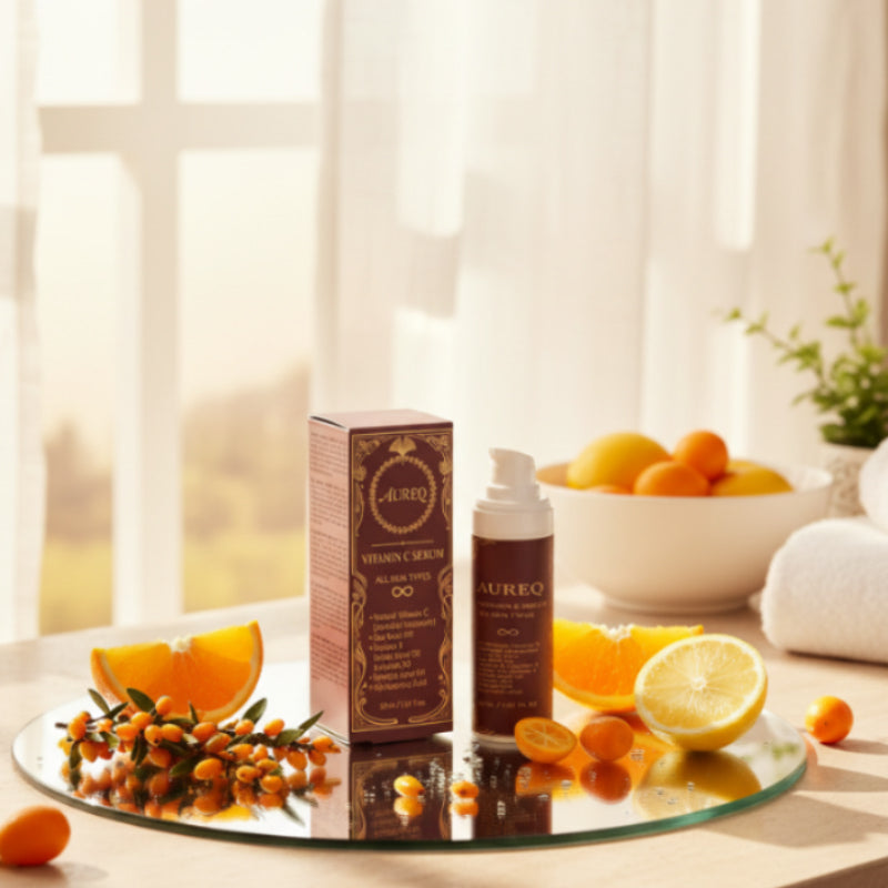Cosmetic products on a table with fruits and a bowl in the background