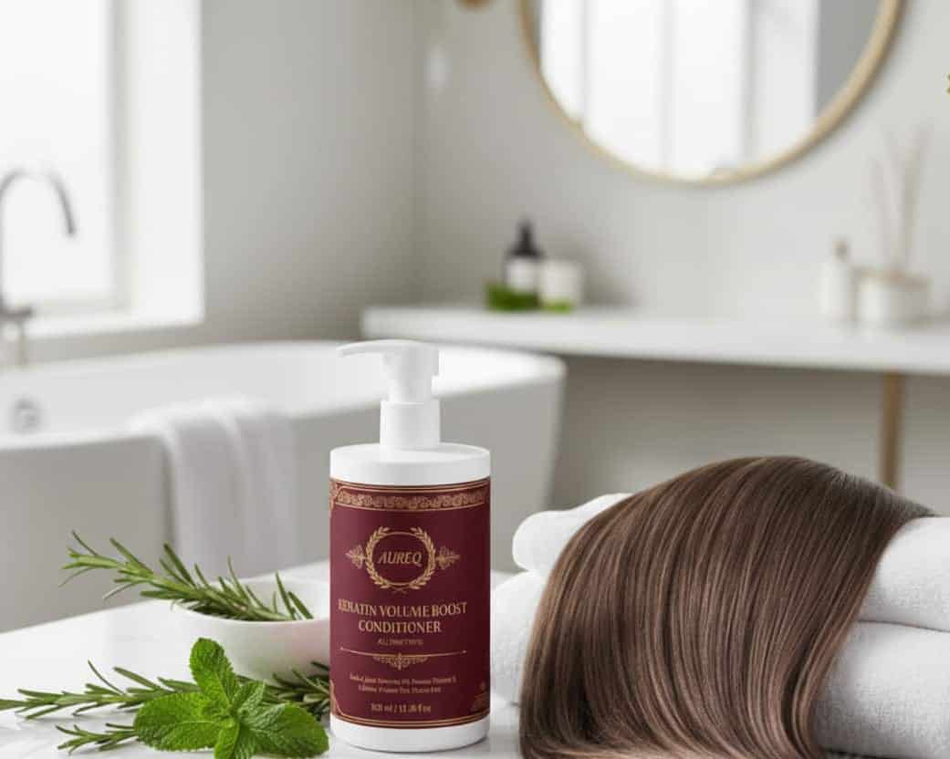 AUREQ Volume Conditioner - COSMOS Natural & ECOCERT certified, vegan keratin conditioner showing shiny hair results with rosemary, 390ml
