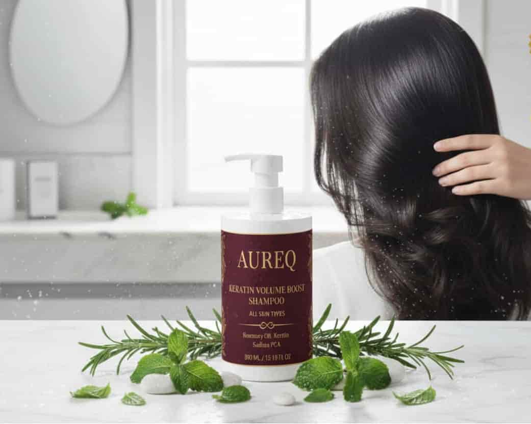AUREQ Volume Shampoo - COSMOS Natural & ECOCERT certified, vegan keratin shampoo showing shiny hair results with rosemary, 400ml
