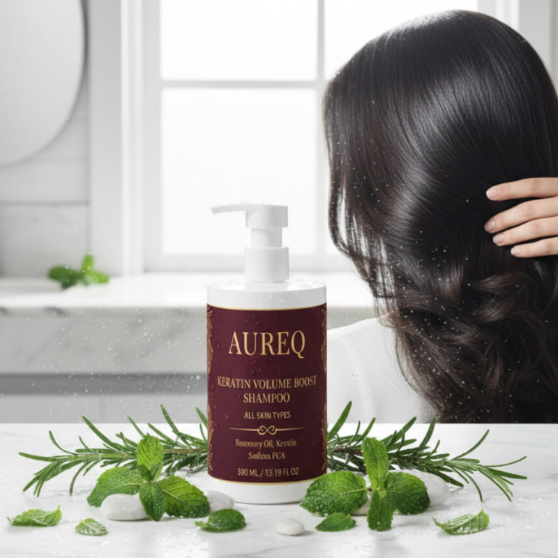 Aureq shampoo bottle with a woman washing her hair in the background