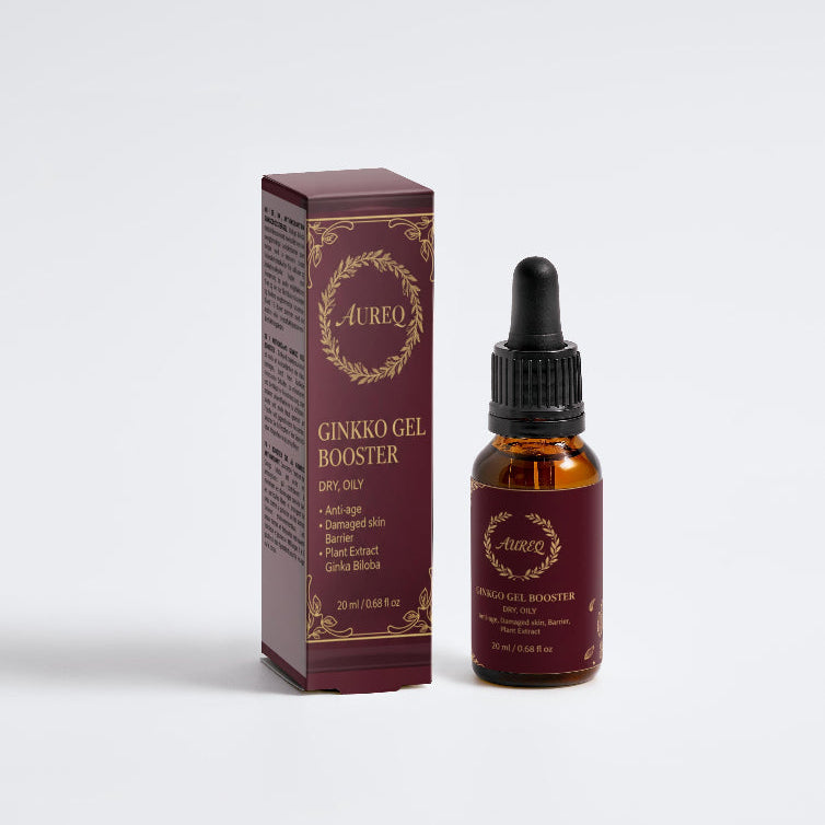 A bottle and its packaging of a Ginkgo Gel Booster on a white background