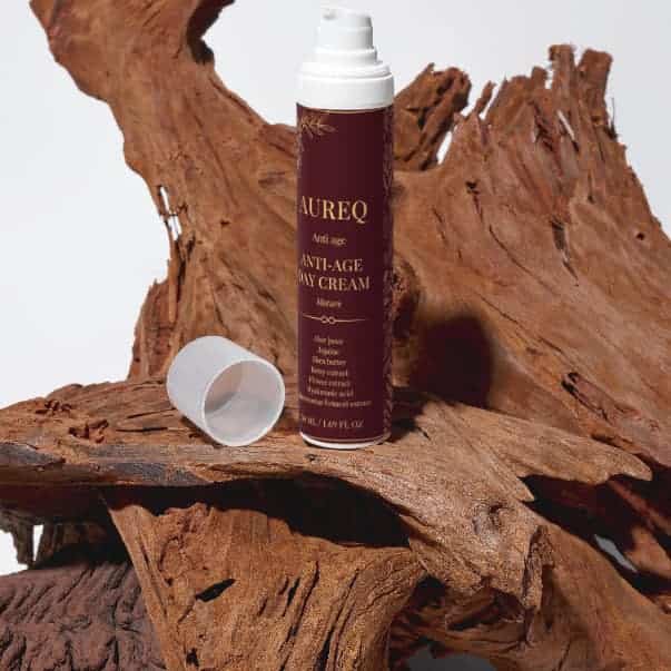 AUREQ hyaluronic acid cream anti-age day moisturizer 50ml on natural wood surface